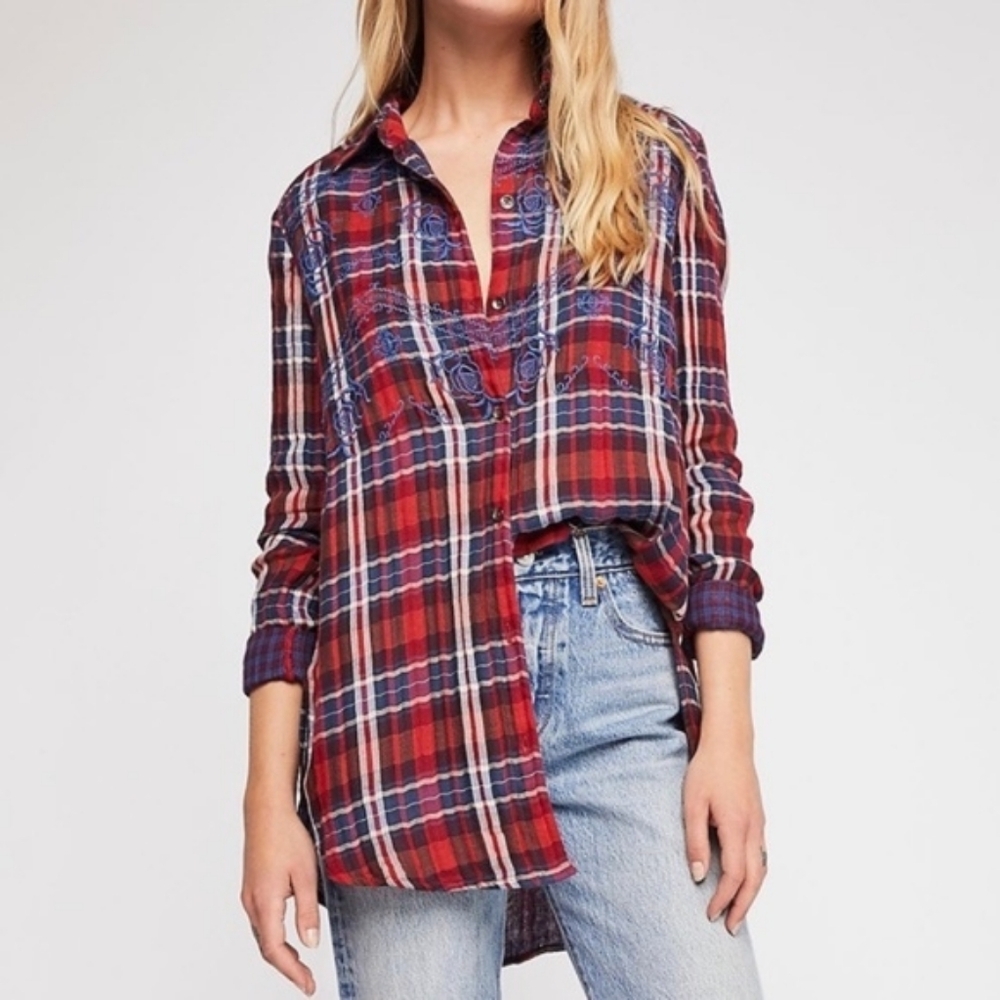 Free People Magical Plaid Embroidered Shirt Red Blue Button Up Top Blouse Medium